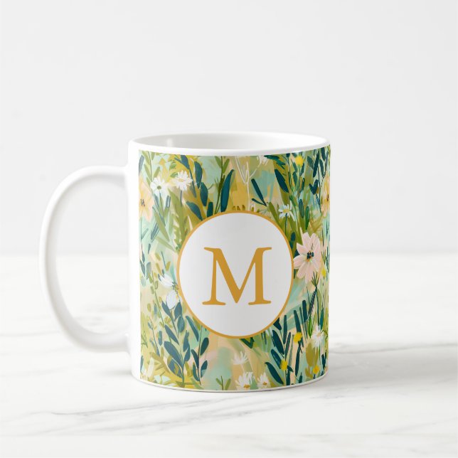 Farbige grüne Blumen-Watercolor-Pattern-Monogramm Kaffeetasse (Links)