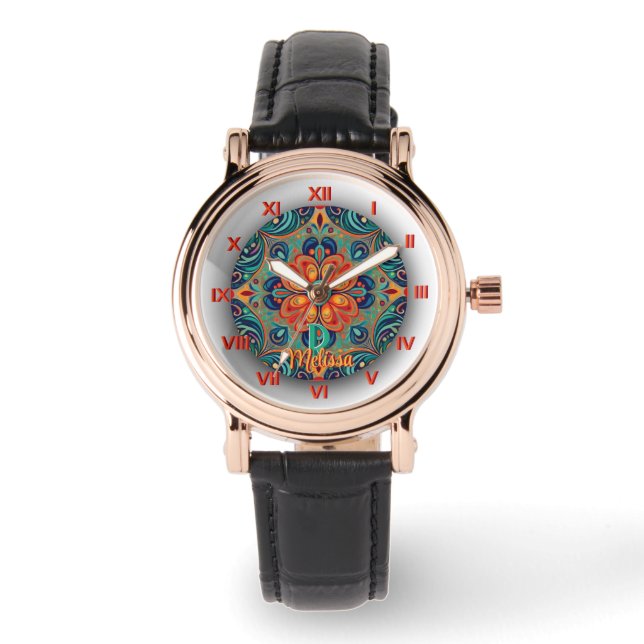 Farbige grüne Orange Mexikanisch inspiriert Monogr Armbanduhr (Vorderseite)