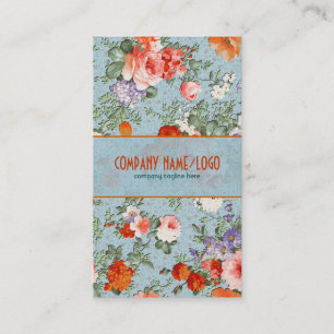 Farbige handgemalte Retro-Blumen - Blaue Version Visitenkarte
