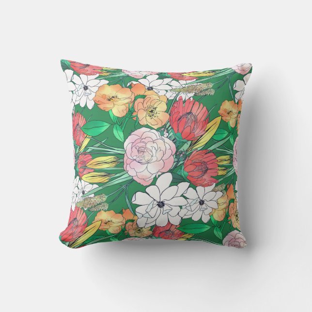 Farbige Handgezeichnete Blume Grünes Girly Design Kissen (Vorderseite)
