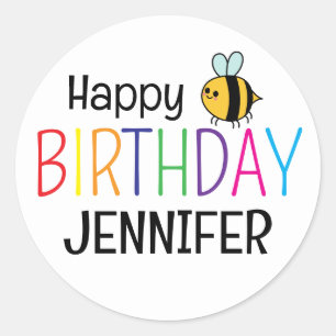 Farbige Happy Birthday Biene Personalisiert  Runder Aufkleber