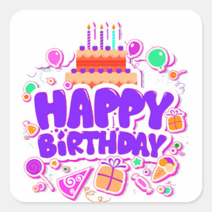 Farbige Happy Birthday-Grüße mit Kuchen Quadratischer Aufkleber