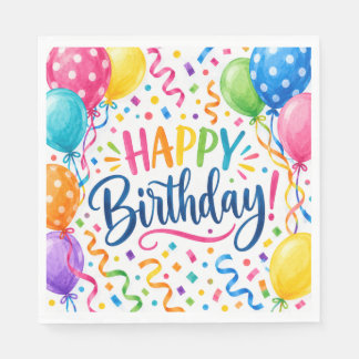 Farbige Happy Birthday Luftballons & Konfetti-Part Serviette