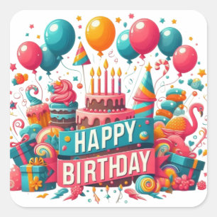 Farbige Happy Birthday Party Explosion Quadratischer Aufkleber