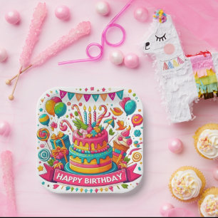 Farbige Happy Birthday Torte Feier Pappteller