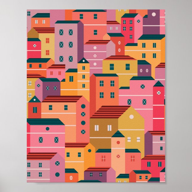 Farbige Häuser im flachen Design Poster (Vorne)