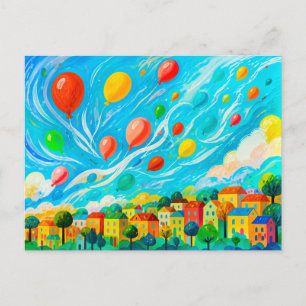 Farbige Häuser mit Ballons in einem windigen Himme Postkarte