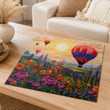Farbige Heißluftballon-Wildblumen-Sonnenuntergang