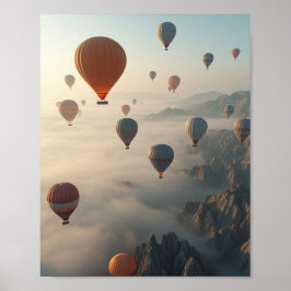 Farbige Heißluftballons Nebeliger Bergaufgang Poster