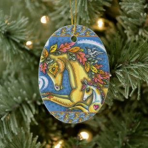 FARBIGE HERBSTBLÄTTER AUF WHIMSICAL PFERD & FÜLLEN KERAMIK ORNAMENT