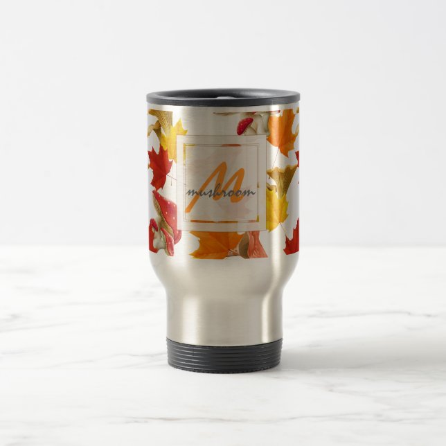 Farbige Herbstblätter und Mushroom-Monogramm Reisebecher (Mittel)