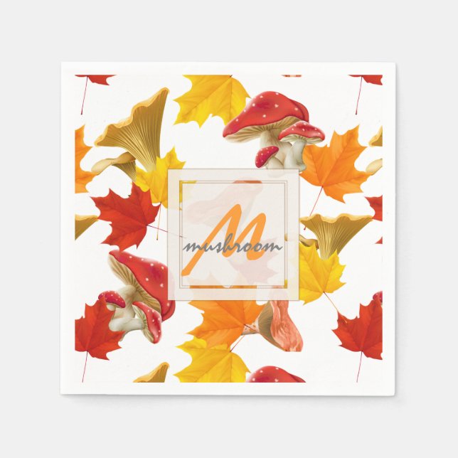 Farbige Herbstblätter und Mushroom-Monogramm Serviette (Vorderseite)