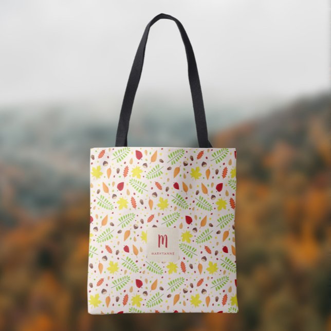 Farbige Herbstlaube mit individuelle Name Tasche (Custom colorful fall season tote bag with autumn leaves, personalize it with name and monogram.)