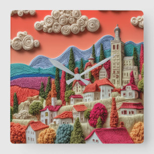 Farbige Hügelstadt Stickerei Kunst Wand Quadratische Wanduhr