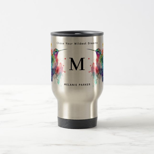 Farbige Hummingvogel-Monogramm mit Name Reisebecher (Mittel)