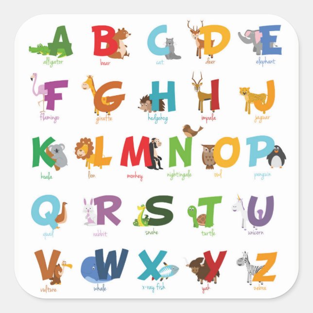 Farbige illustrierte Alphabetbriefe Quadratischer Aufkleber (Vorderseite)