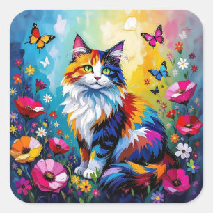 Farbige Impasto-Katze, Blumen und Schmetterlinge Quadratischer Aufkleber