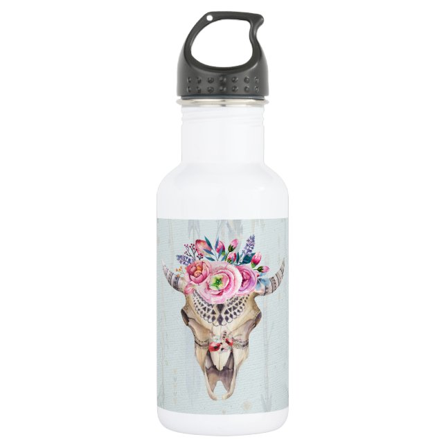 Farbige Indische Symbole Bull Skull Edelstahlflasche (Vorderseite)