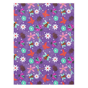 Farbige Insekten und Blumen auf einem violetten Hi Tischdecke