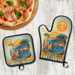 Farbige italienische Mittelmeer-  Ofenhandschuh & Topflappen-Set