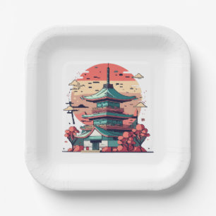 Farbige japanische Gebäude Kunst Pappteller