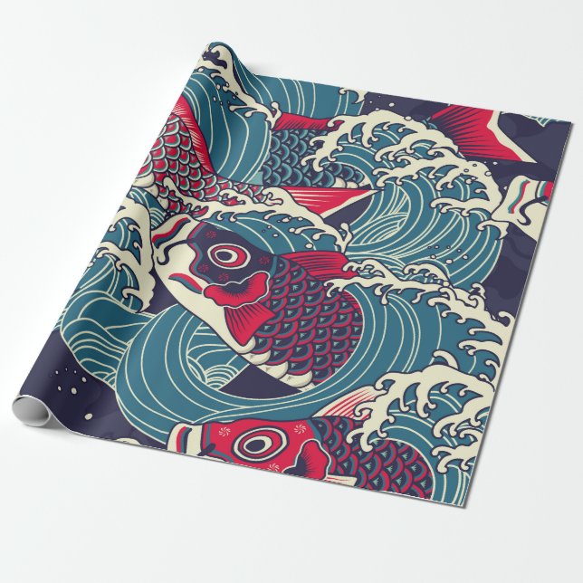 Farbige japanische Koi-/Karpfenfische im Wellennah Geschenkpapier (Ungerollt)