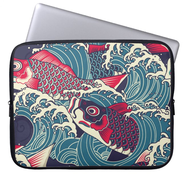 Farbige japanische Koi-/Karpfenfische im Wellennah Laptopschutzhülle (Vorderseite)