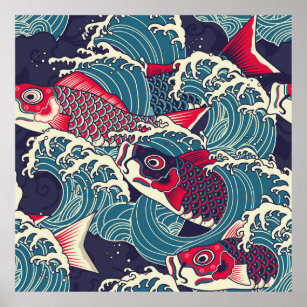 Farbige japanische Koi-/Karpfenfische im Wellennah Poster