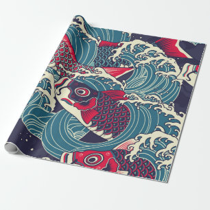 Farbige japanische Koi/Karpfenfische in der wellen Geschenkpapier