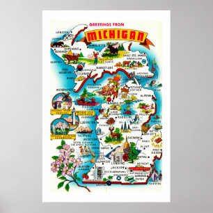Farbige Karte von Michigan Druck Poster