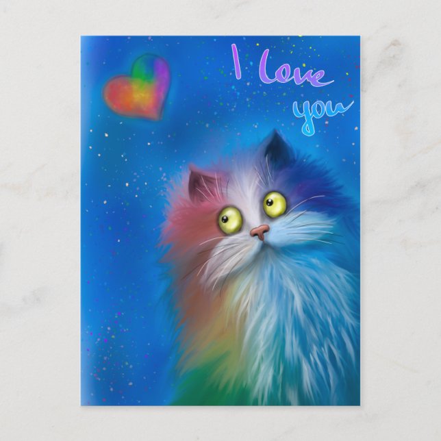 Farbige Katze in Liebe Postkarte (Vorderseite)