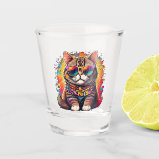 farbige Katze mit Sonnenbrille Schnapsglas