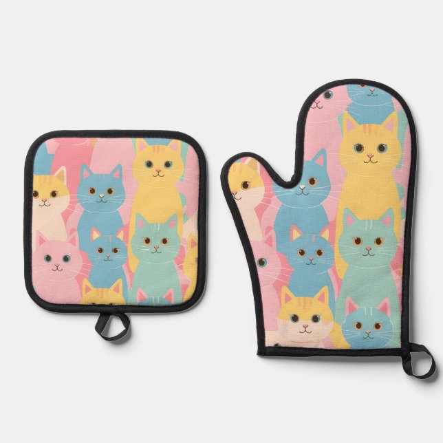 farbige Katzen Ofenhandschuh & Topflappen-Set (Vorderseite)