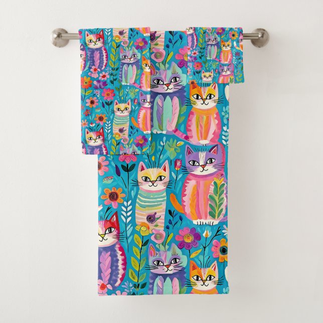 Farbige Katzen und Blume Whimsical Happy Badhandtuch Set (Insitu)