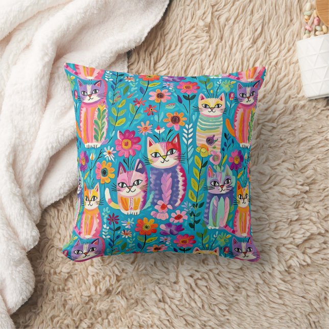 Farbige Katzen und Blume Whimsical Happy Kissen (Decke)