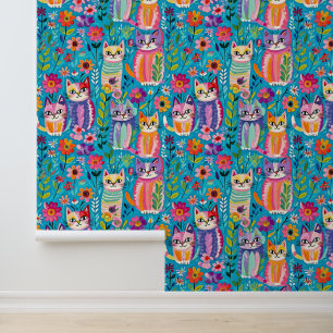 Farbige Katzen und Blume Whimsikum Tapete