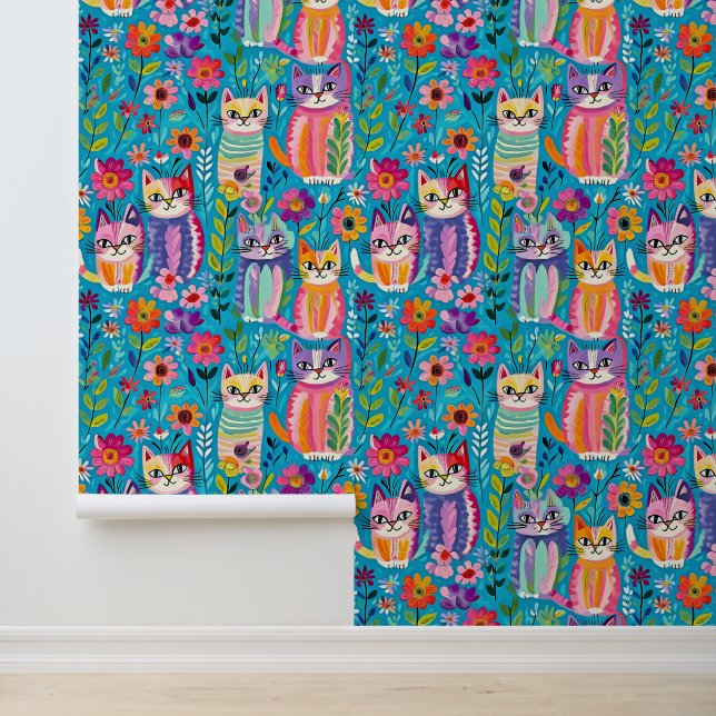 Farbige Katzen und Blume Whimsikum Tapete (Anwendung)