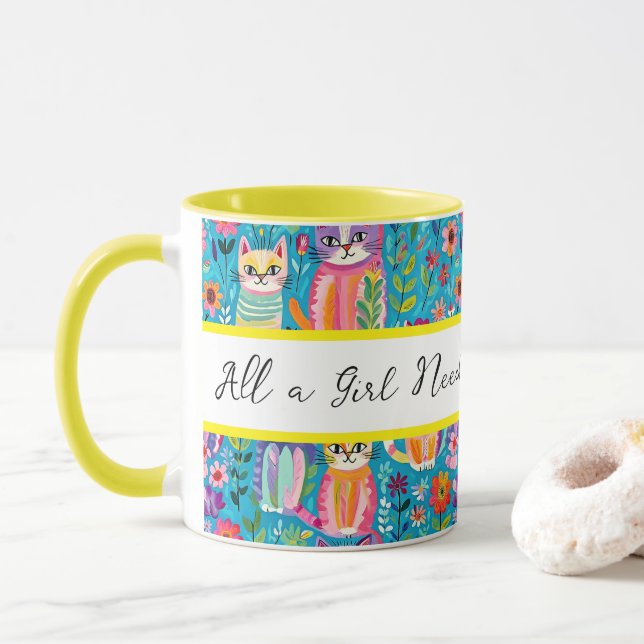 Farbige Katzen und Blume Whimsischer Geburtstag Tasse (Mit Donut)
