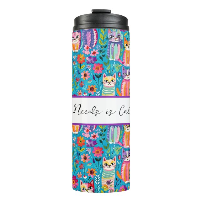 Farbige Katzen und Blume Whimsisches Zitat Thermosbecher (Vorderseite)