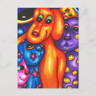 farbige Katzen und Hunde abstrakte Originalkunst Postkarte