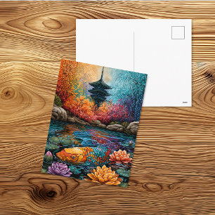 Farbige Koi-Teich-Pagode Postkarte