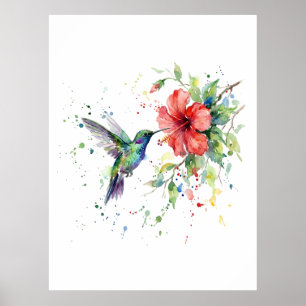 Farbige Kolibri-Wasserfarben-Blumen-Naturkunst Poster