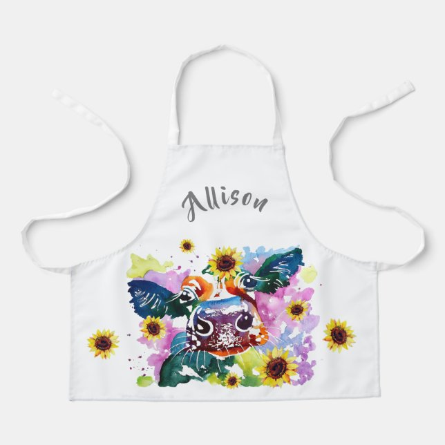 Farbige Kuh mit Sonnenblumen Kinder Personalisiert Schürze (Vorderseite)