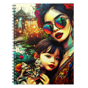 Farbige Kunst Mutter und Tochter asiatischer Blume Notizblock