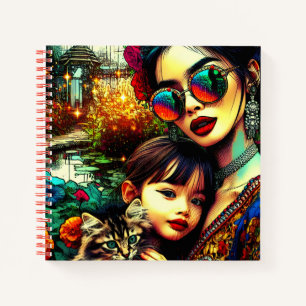 Farbige Kunst Mutter und Tochter asiatischer Blume Notizbuch