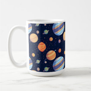 Farbige künstlerische Darstellung von Planeten und Kaffeetasse