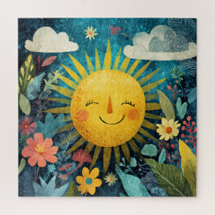 Farbige lächelnde Sonne über hübschen Blumen