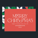 Farbige, leuchtend rote Weihnachtsgeometrie Feiertagskarte<br><div class="desc">Farbenfrohe helle Spaß Frohe Weihnachten geometrische Typografie Drehbuch Urlaubsdesign. Rot,  Grün,  Marineblau und Rosa.</div>