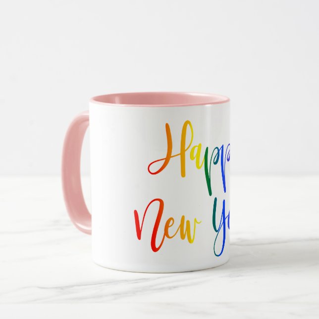 Farbige LGBT-Regenbogenschrift glücklich Neujahrss Tasse (Vorderseite Links)