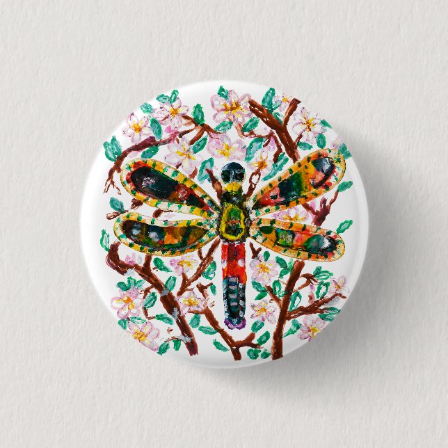 Farbige Libelle unter Kirschblüten Button (Vorderseite)